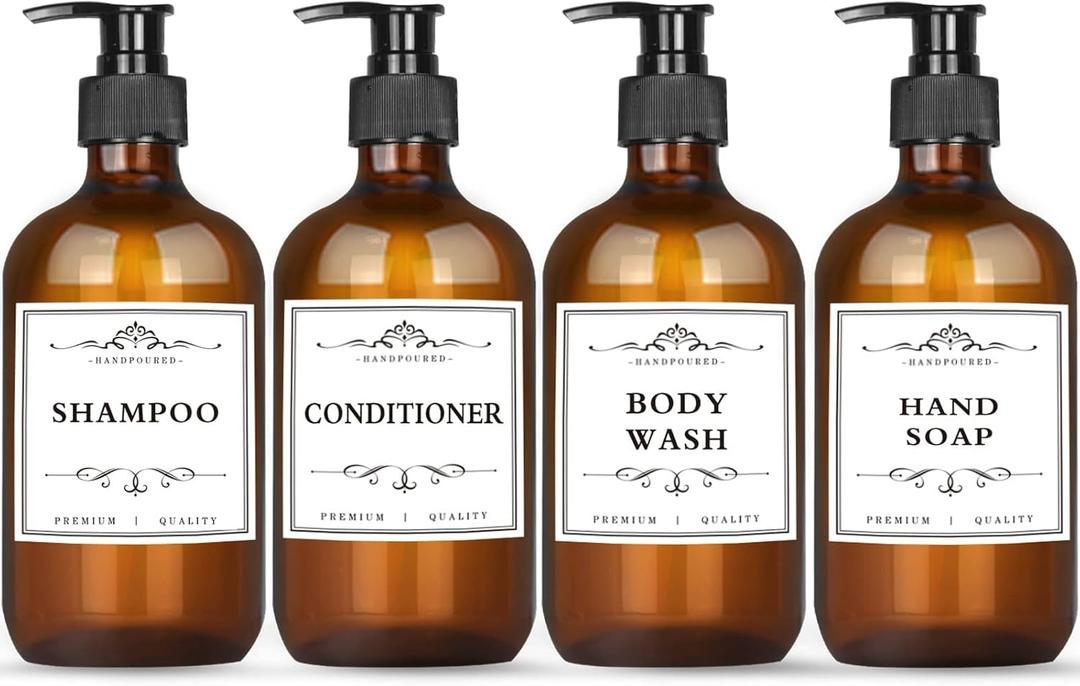 4 Pack 16.9 Oz Shampoo and Conditioner Hand Soap Dispenser Refillable Pump Bottles with Waterproof Labels (Amber)