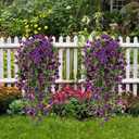 Fanfantoey Artificial Hanging Flowers for Outdoors, 2Pcs UV Resistant Fake Flowers, Realistic Faux Petunias Silk Long Vines Morning Glory Eucalyptus for Outside Planter Porch Patio Home Decor, Purple