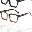 3 Pack Oversize Square Design Reading Glasses for Women, Blue Light Blocking Reader (Black&leopard&transparent)