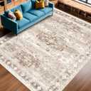 Washable Neutral Farmhouse Living Room Rug, 6x9 Area Rugs for Bedroom, Dining Room Under Table Carpet, Kids Room, Large Boho Vintage Non-Slip Floral Rugs Low Pile Stain Resistant (6x9 Beige/Latte)