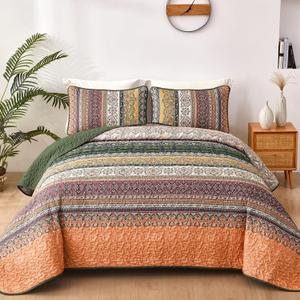 WONGS BEDDING Boho Queen Quilt Set, Green and Orange Bohemian Quilt Bedding Set, Fall Lightweight Bed Decor Bedspread for All Season Reversible Microfiber Coverlet Bedding Set 96"x90"(3 Pieces)