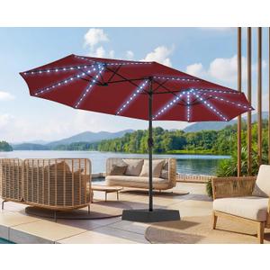 SUPERJARE 15ft Large Patio Umbrella with Base included, Double Sided Outdoor Umbrella with Solar Lights, Pool Umbrella with Fade Resistant Canopy for Deck, Porch, Yard, Balcony, Burgundy