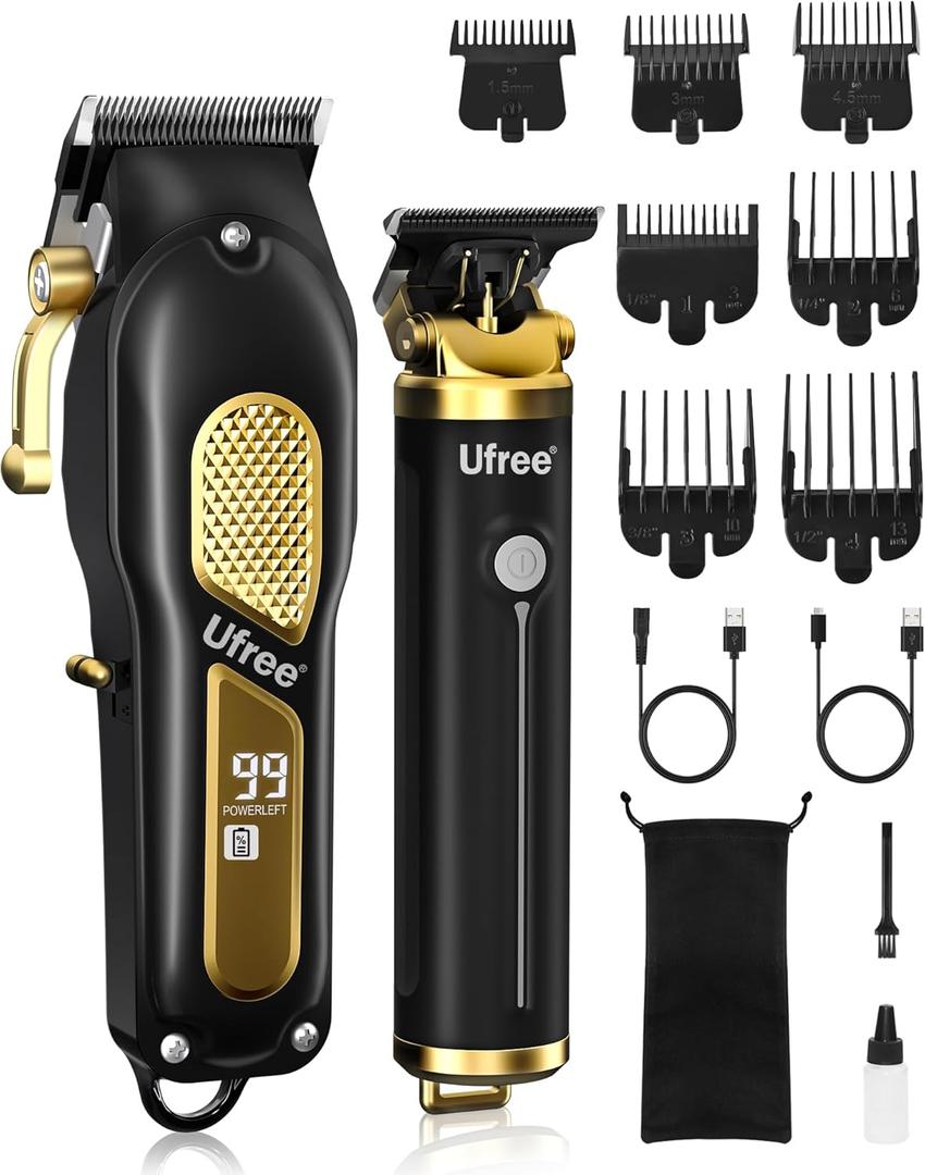 Ufree Hair Clippers for Men, Professional Clippers and Trimmers Set, Cordless Clippers for Hair Cutting, Beard Trimmer, Barber Clippers, Rechargeable Electric Shaver, Gifts for Men (Black Gold)