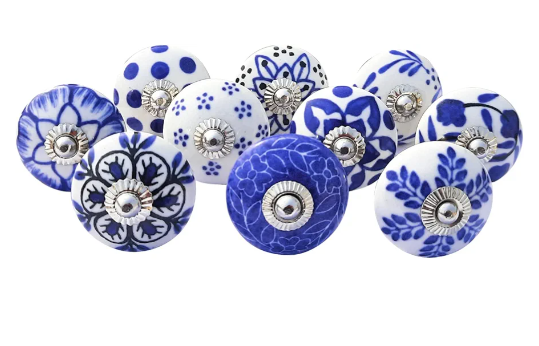 Royal Kraft Vintage Blue Hand Painted Ceramic Pull Knobs for Kitchen Cabinet, Door & Drawer, Wardrobe, Cupboard (Set of 10) Sknob002