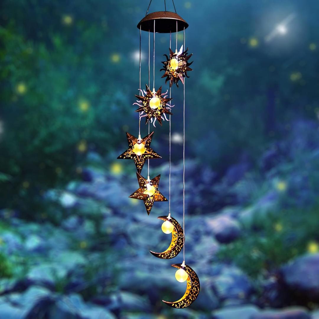 Tryme Solar Wind Chimes for Outside with Sun Moon Star Solar Hanging Lights Windchimes Outdoors Garden Decor Gifts for Mother, Grandma, Sister