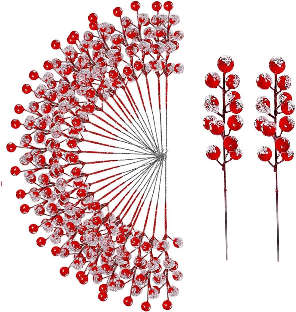 Fvawe 32 Pcs Christmas Tree Decorations, Tree Ornaments, 8 Inch Artificial Snowy Red Berry Stems Christmas Picks Filler, Holly Frosted Berries Xmas Holiday Decor