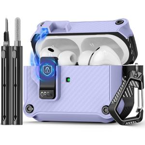 Pohgelan Compatible with AirPods Pro 3 Case,Magnetic Automatic Lock with Cleaning Kit,Compatible with Magsafe,Carbon Fiber Texture Cover-Purple