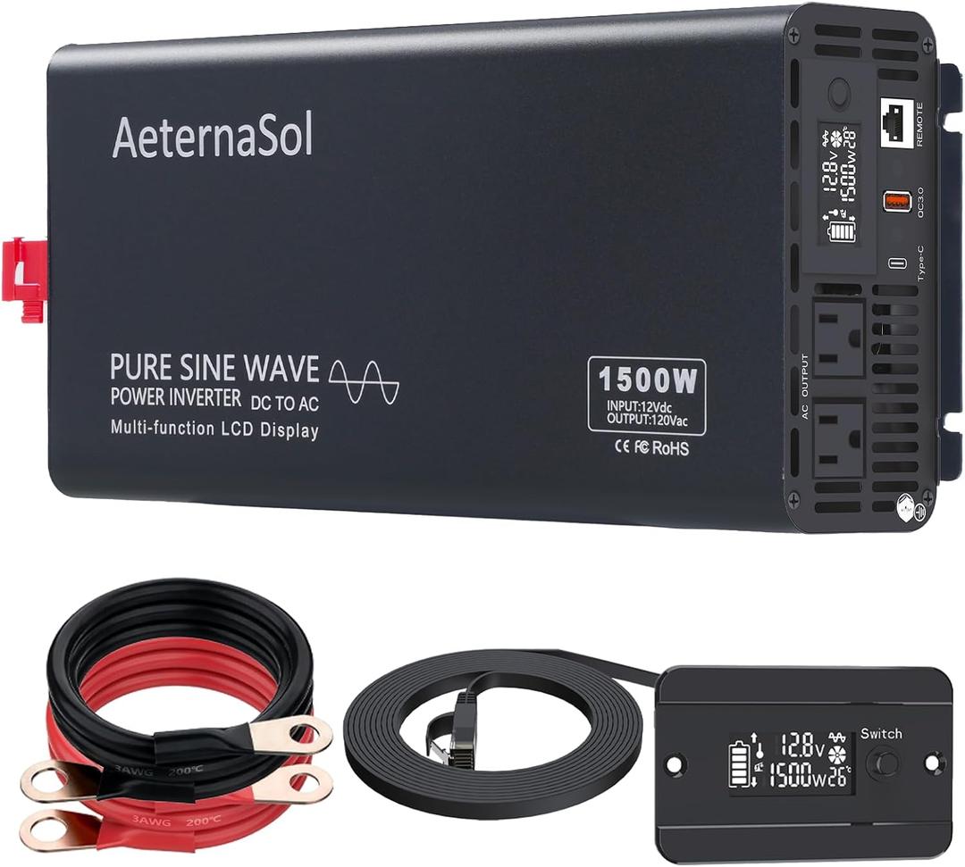 Pure Sine Wave Inverter 1500 Watt Inverter 12V DC to 110V-120V AC Converter for Vehicle RV Truck Camping Solar Home with 2 AC Outlets, USB Fast Charge & Type-C, Remote Monitor, Surge 3000W