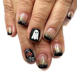 Short Halloween Press On French Tip Square Shape Glitter Nails - 24Pcs with Ghosts Skulls Designs, Nude False Acrylic Full Cover Glue on Black Stick on Nails for Women & Girls, 5 Pack
