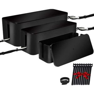 [Set of Three] Cable Management Boxes Organizer, Large Storage Wires Keeper Holder for Desk, TV, Computer, USB Hub, System to Cover and Hide & Power Strips & Cords (Black)