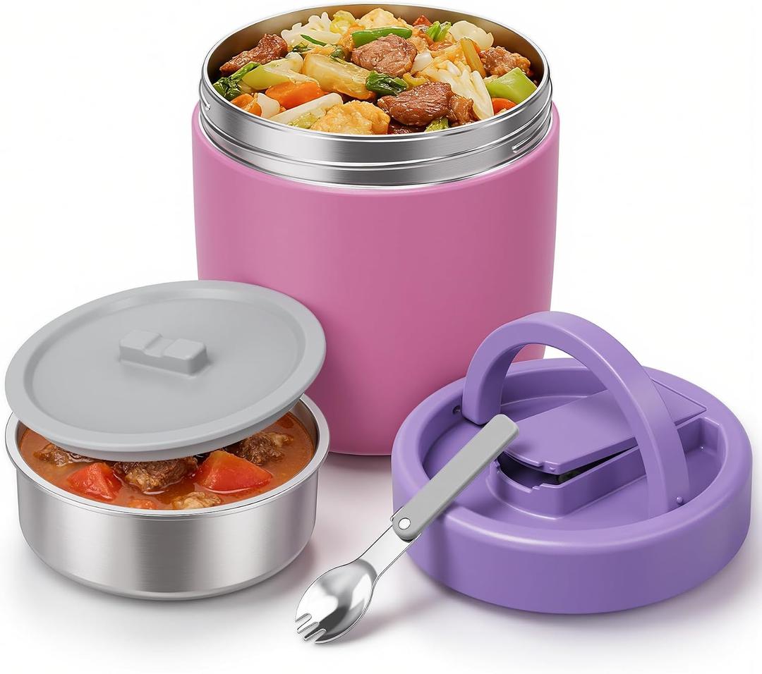 Pawtong 40.5oz Thermo for Hot Food Adults, Soup Thermo Lunch Containers with Wide Mouth & Spoon, Stainless Steel Vacuum Insulated Food Jar, Food Thermos with Handle(Pink)