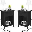 ChooChoo Black Nightstand Set of 2,Night Stand with Charging Station, Wooden Top Bedside End Table with Drawer and Storage Space for Bedroom (Black)