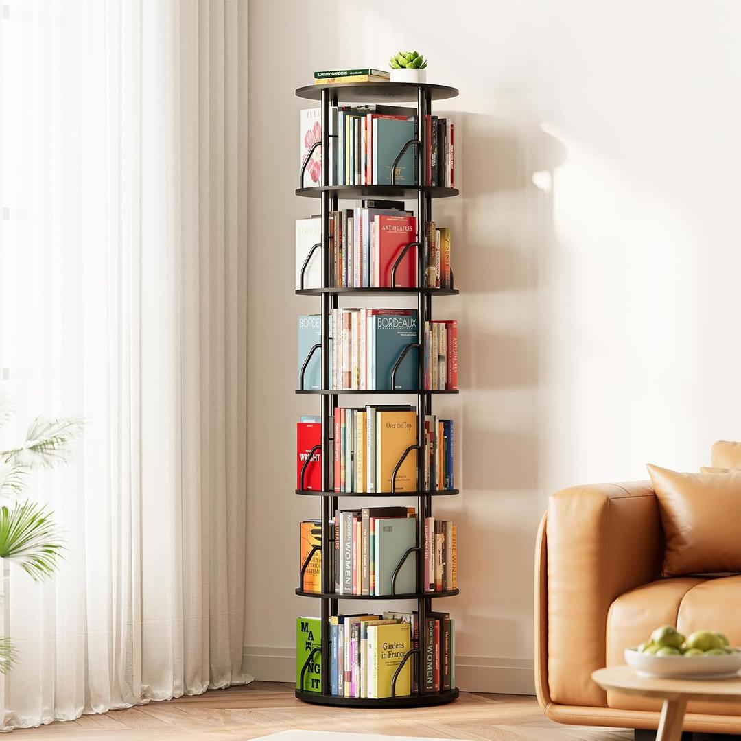 SpaceAid 6 Tier Rotating Bookshelf Tower, 360 Display Stackable Spinning Bookcase, Space Saving Revolving Round Book Shelf, Floor Standing Swivel Corner Organizer, Black