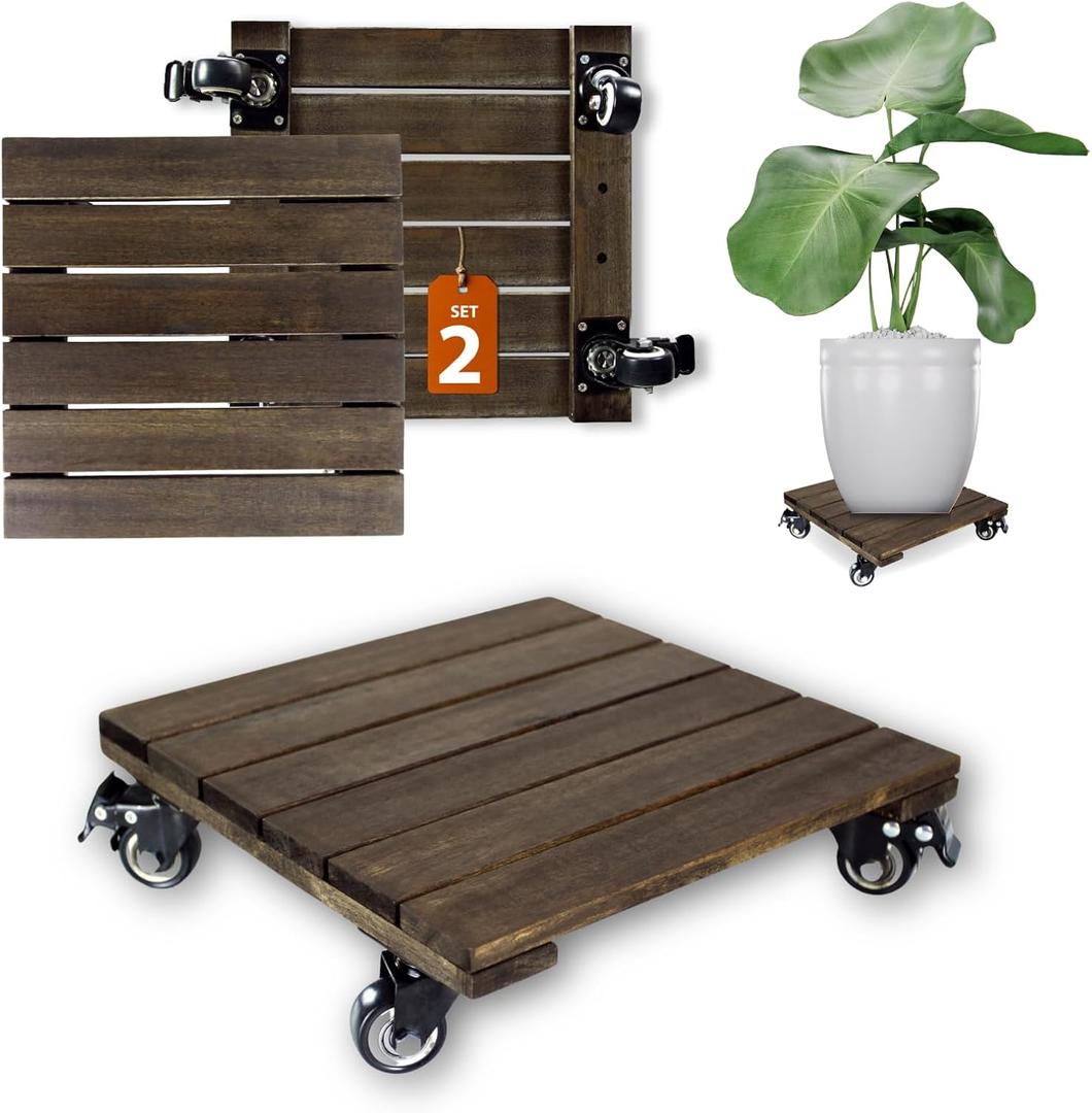 2PCs 12 INCH Wood Plant Caddy with Wheels, Rolling Plant Stand Heavy Duty, 250lbs Capacity Plant Dolly, Plant Stand with 360 Lockable Wheels for Plant Pots, Square Walnut