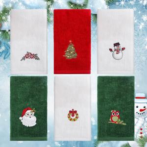 Set of 6 Mix 12 x 18 Inches Christmas Bath Towels Embroidery Soft Hand Bathroom Dish Towels Kitchen Wash Cloths Towel for Bathroom Kitchen Gift