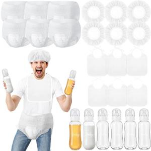 6 Sets Bottle Chug Baby Shower Games Juegos Para Plastic Baby Bottles Bibs Hat Disposable Diapers Gender Reveal Games Baby Changing Diaper Race Game Decoration (White)