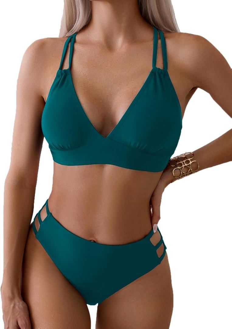 Fanuerg Women's Sexy V Neck Bikini Sets Hollow Out Two Piece Swimsuits Cutout Mid Waist Bathing Suit (Medium, Blue Green)
