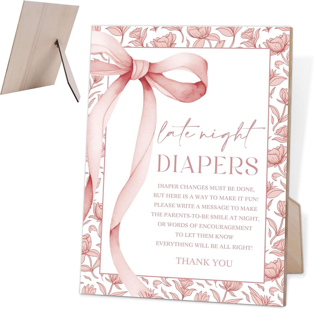 Baby Shower Games Late Night Diapers Sign, Pink Bow Baby Shower Table Decorations for Baby Shower and Gender Reveal Party, Reveal Party Supplies, Baby Shower Gifts, 6X8 Inch Wooden Sign with Stand-2