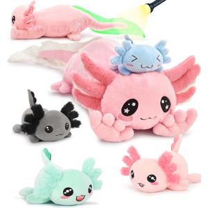 MaoGoLan 5 Pcs Axolotl Plush with 4 Babies Inside Belly, Glow in The Dark Stuffed Animals Pink Axolotl Toys Cute Kawaii Stuffy Salamander Pillow for Girls Kids Gift Valentine's Day Christmas