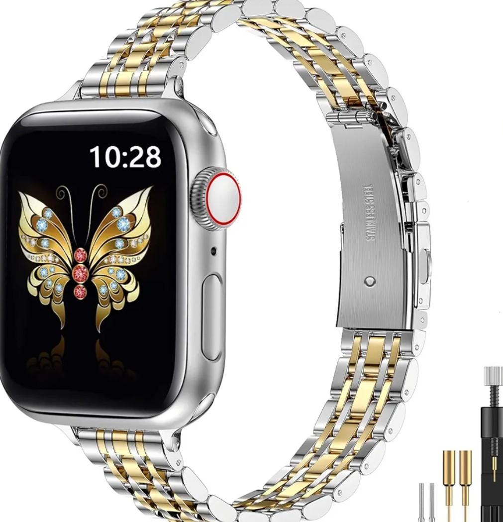 MioHHR Slim Metal Band Compatible with Apple Watch Band 42mm(Series 11 10) 41mm(Series 9 8 7) 40mm(Series 6 5 4 SE3/2/1) 38mm(Series 3 2 1),Stainless Steel iWatch Bands for Women,Silver/Gold