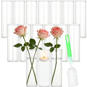 16 Pack Glass Cylinder Bud Vases for Centerpieces, 7.8” H x 2.5” W Clear Flower Vases Bulk, Floating Candle Holder for Wedding Party Home Decor