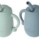 Cuddle Campus Pack of 2 Silicone Baby Training Cup, Shatterproof Toddler Sippy Cups with Straw, Open Cup for Baby, 6+ Months 4 Oz, Boothbay Gray+Sage