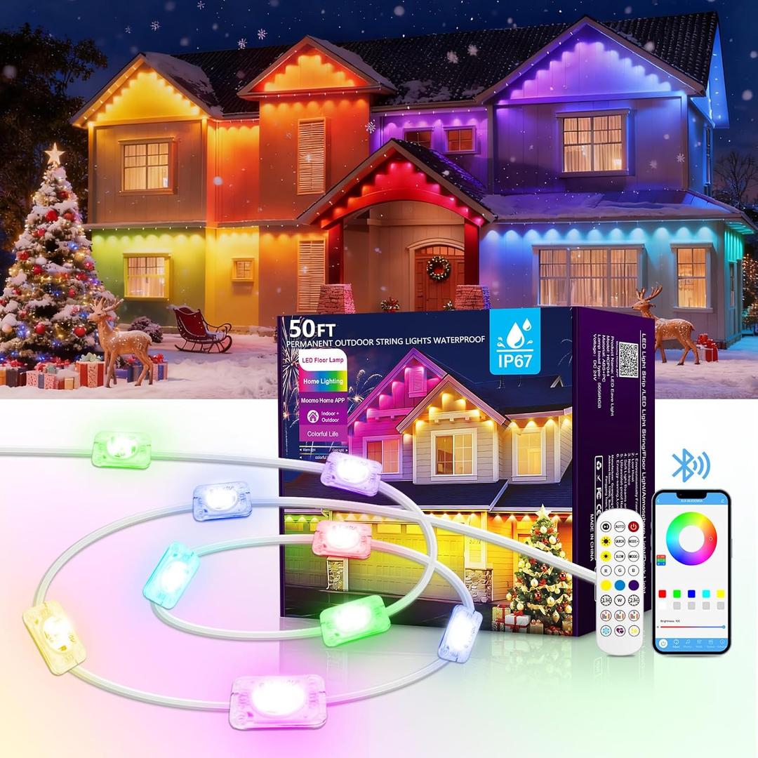 AHAWILL 50FT Christmas Permanent Outdoor Lights,RGB Eaves Lights with App & Remote Control,DIY Multi-Color Scene Modes,IP67 Waterproof,Outdoor Strings for House,Holiday Decorations for Christmas