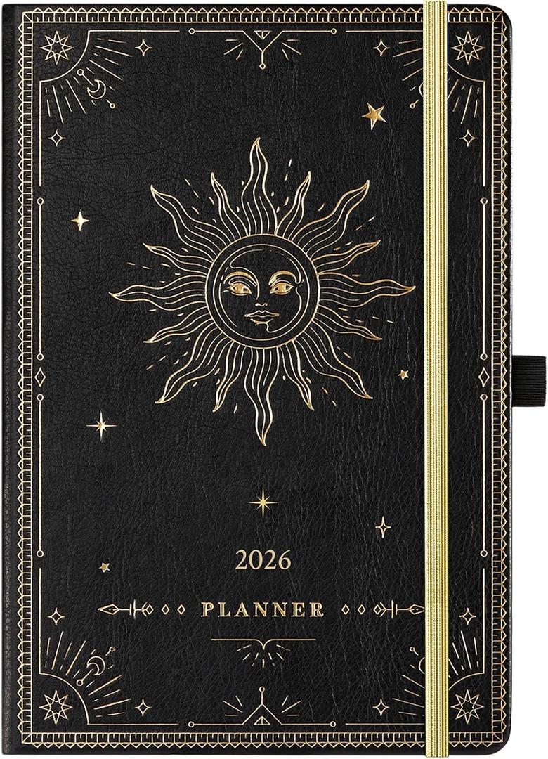 2026 Planner - Planner 2026, Jan 2026 - Dec 2026, 5.75" x 8.25", 2026 Weekly and Monthly Planner, Faux Leather planner 2026 with Back Pocket & 40 Notes Pages - The Sun (Black)
