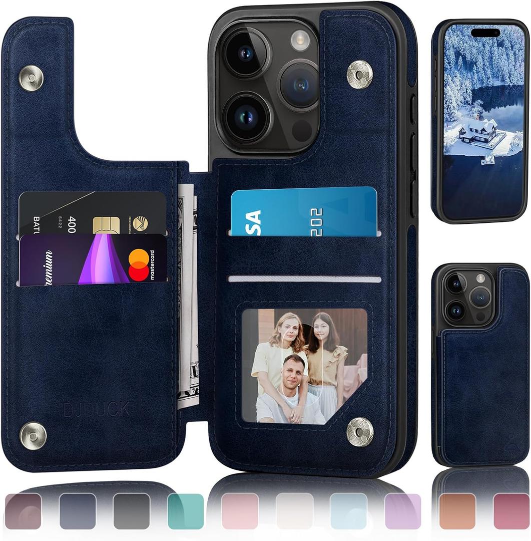 DJDUCK Designed for iPhone 15 Pro Case Wallet with Card Holder, [RFID Blocking Leather Protection] [Magnetic Clasp Cover] Shockproof Men Women Cases 6.1 Inch for Apple 15 Pro Dark Blue