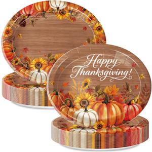 Thanksgiving Paper Plates 30 PCS Large 9" x 11" Watercolor Pumpkin Woodgrain Disposable Oval Plates for Thanksgiving Autumn Harvest Table Decor