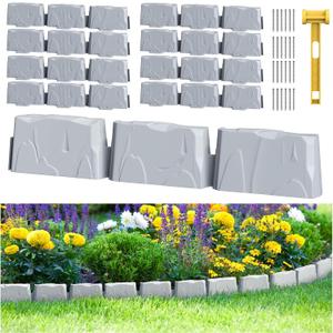 8Pcs Landscape Edging(12 FT) 24 Spikes - Faux Stone Edging Border for Garden, Flower Beds, Lawn & Pathways | 12ft L x3in H | Faux Stone Edging for Landscaping Outdoor (Grey)