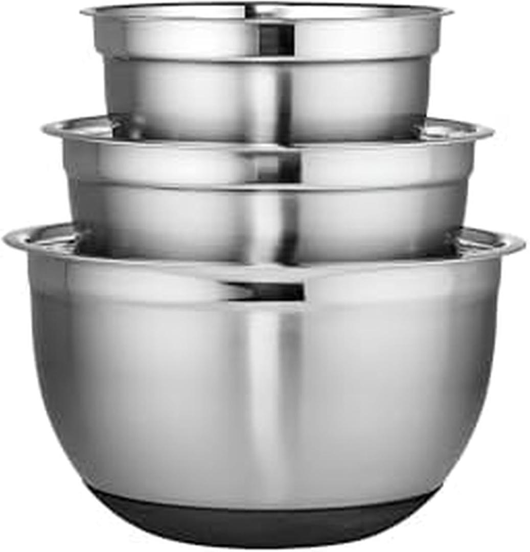 Chicago Metallic Stainless Steel Soft Base Bowls, Versatile Nesting Mixing Bowls for Every Kitchen Task, Set of 3