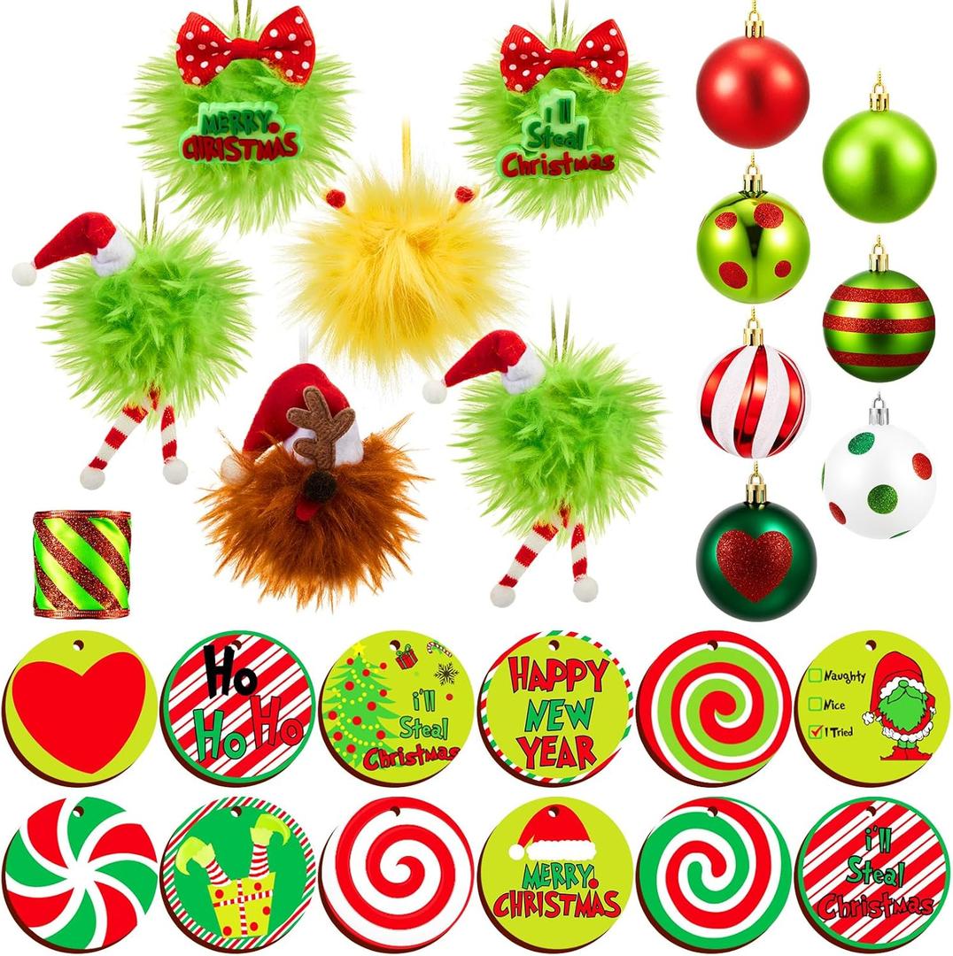 Syhood 37 Pcs 1.57 Inch Whimsical Christmas Tree Ornaments Balls Lime Green Bendable Christmas Tree Decorations Ornaments (Classic Style)
