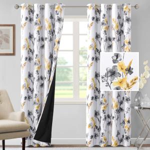 H.VERSAILTEX 100% Blackout Curtains 84 inch Length 2 Panels Set Cattleya Floral Printed Drapes Leah Floral Thermal Curtains for Bedroom with Black Liner Sound Proof Curtains, Grey and Yellow (52"W x 84"L (Pack of 2), Cattleya - Grey/Yellow)