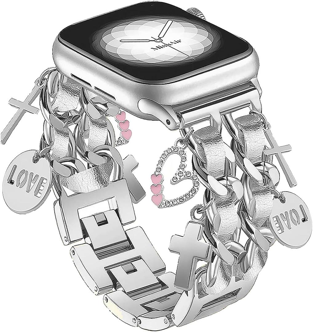 Silver Bracelet Band with Cute Charm Compatible for Apple Watch 42mm 44mm 45mm 46mm 49mm Women, Cuban Chain Strap for iWatch Series 10 9 8 7 6 5 4 3 2 SE Ultra 1/2