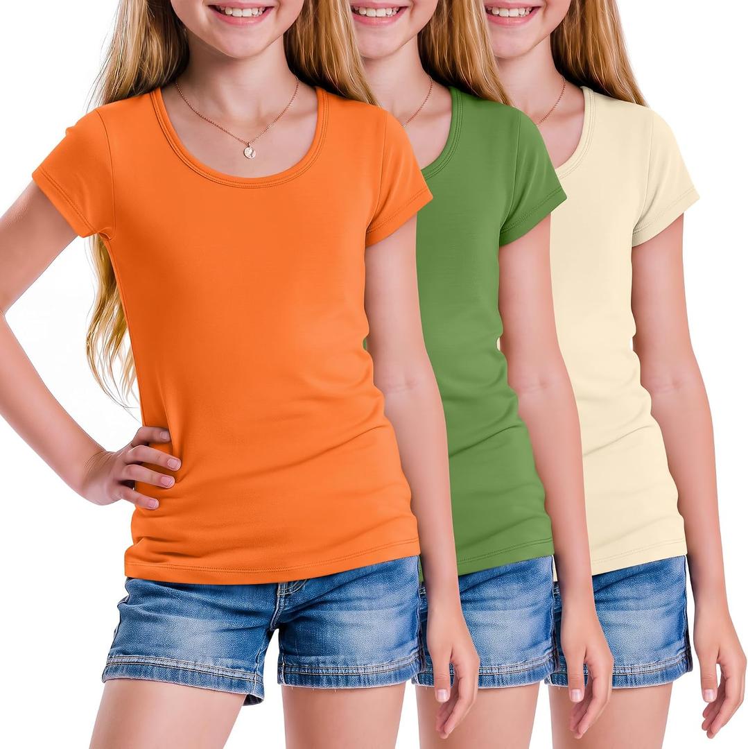 3 Pack Girls Short Sleeve Shirts | Back to School, Tween, Basic, Kids, Casual, Slim Fit, for 5-14 Years, Scoop Neck