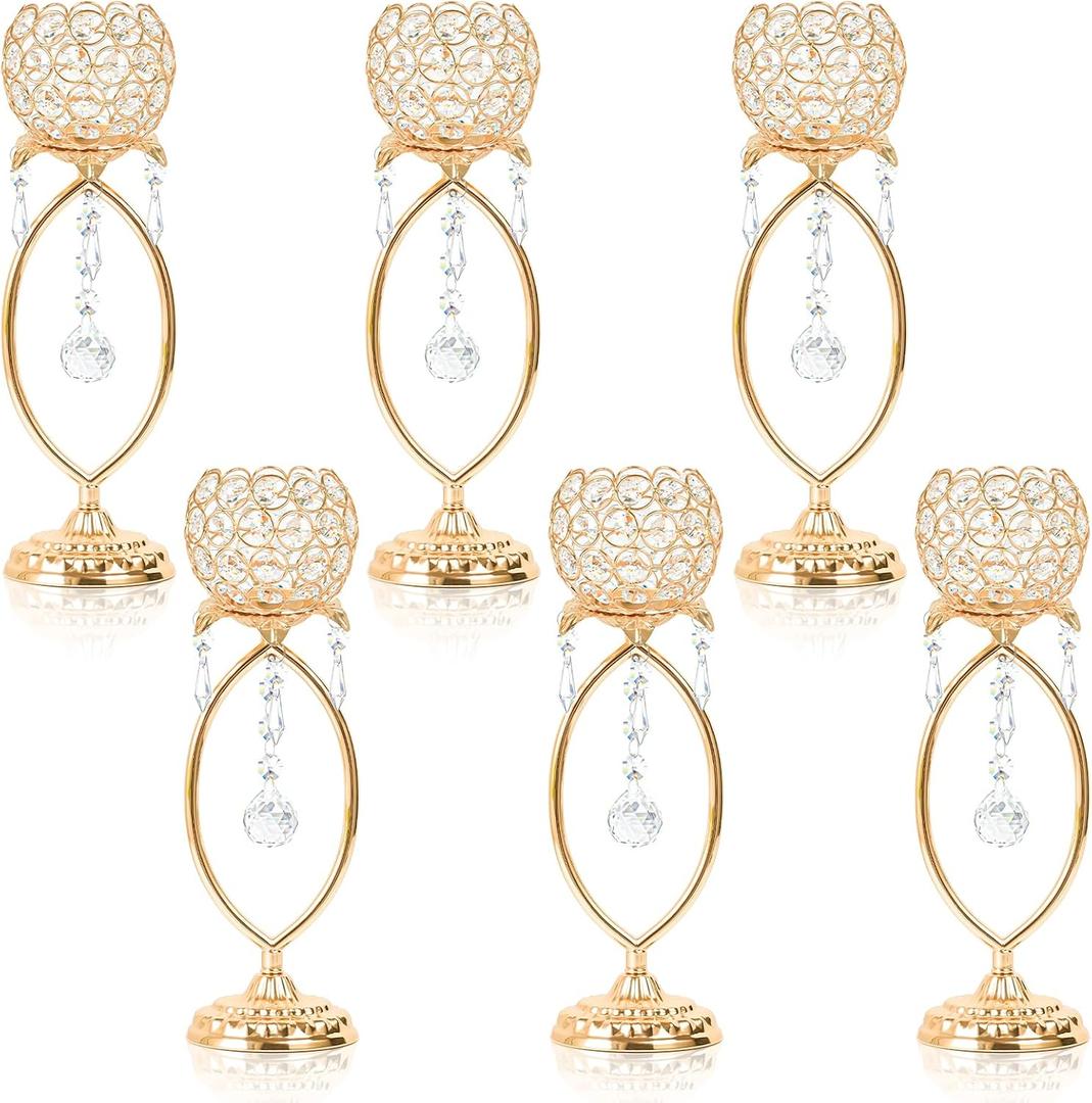 6 Pcs Gold Elegant Metal Crystal Tea Light Candle Holders with Crystal Pendants, Hollow Design - Wedding Table Centerpieces for Anniversary Birthday Party, Home Decor