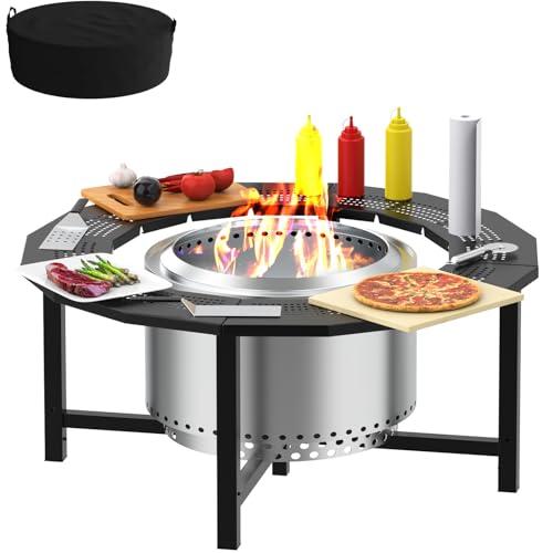 38 Inch Fire Pit Surround Tabletop for Solo Stove Bonfire/Ranger/Tiki Accessories,Smokeless Fire Pit Table & Dust Cover for Solo Stove and Other Wood Burning, Powder-Coated Steel Stove Table Surround