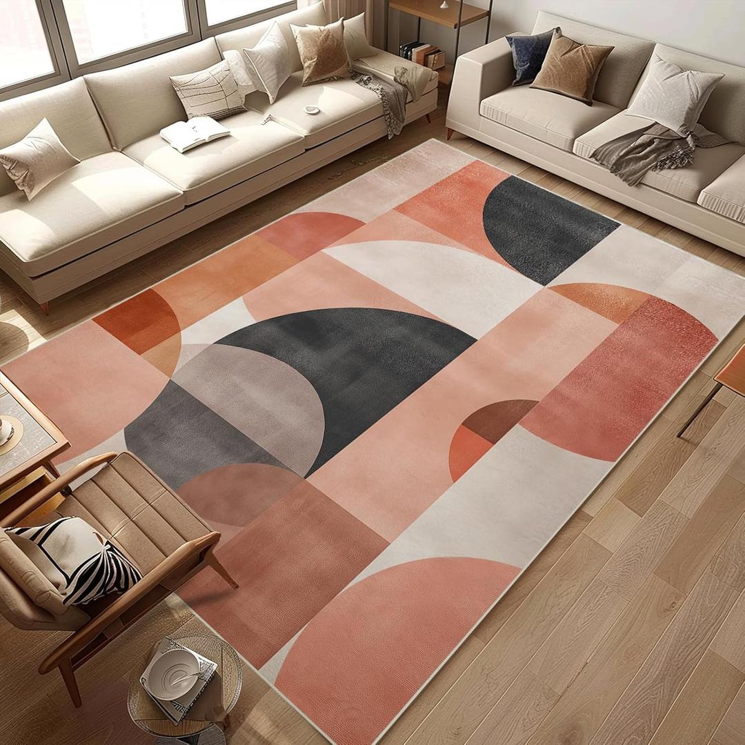 5x7 Area Rugs for Living Room Machine Washable Geometric Boho Rug Non Slip Printed Mid Century Rug Carpet Friendly Modern Rug for Bathroom Bedroom Dining Room Office (Red Circle)