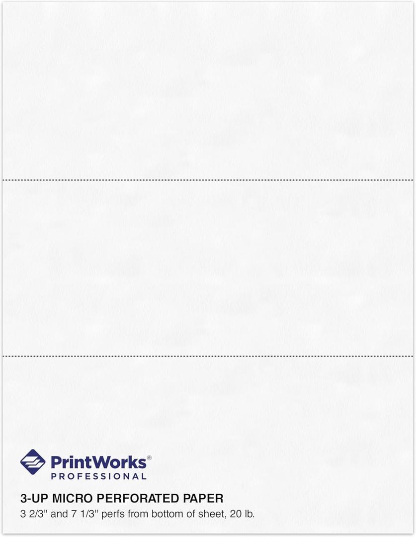 PrintWorks Professional 3 Part Perforated Paper 8.5 x 11 - Perfect For W-2, 1099, & Statement Use - Made in the USA - 500 Sheets - 24 lb - Printer Compatible - White (04122)