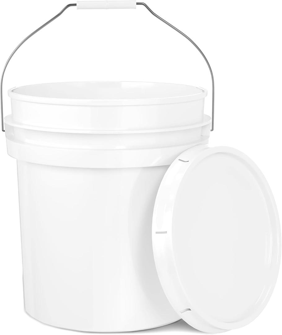 5-Gallon White Bucket Pail Container with Lid | Food Grade | Heavy-Duty Extra Durable | Metal Handles with Plastic Grip for Easy Carrying | Multi-Use | Easy Stack and Store | BPA Free (1 Packs)