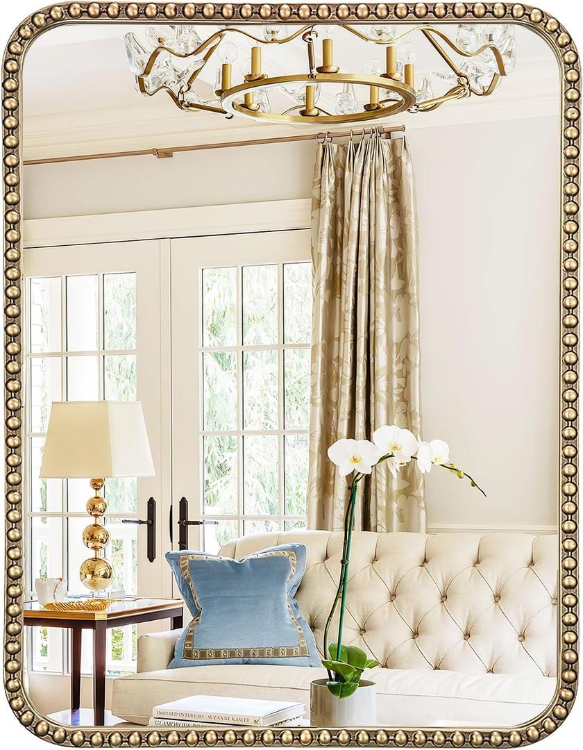 24"x36" Antique Gold Mirror with Beaded Frame, Gold Framed Mirrors for Bathroom, Rectangle Brass Decorative Mirror for Vanity Ornate Bedroom Living Room Hallway Fireplace