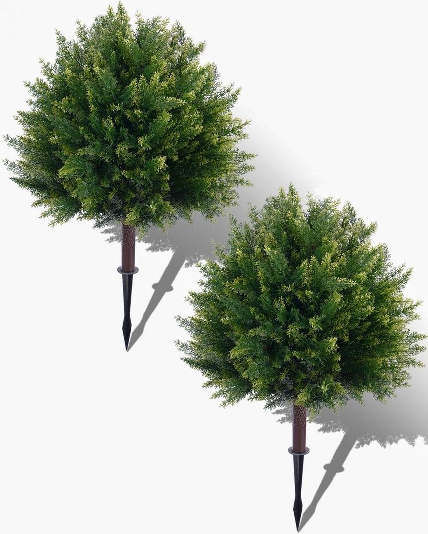 Artificial Cypress, 27.6'' Topiary Trees Artificial Outdoor, Faux Cedar Shrubs with Ground Spike, UV Resistant Faux Plants for Outdoor Planters, Set of 2 Fake Bushes Front Porch, Outside Garden Decor