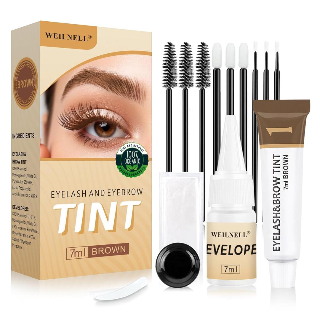 Eyelash & Eyebrow Color Kit, 2 in 1 Professional Lash & Brow Color Kit, Easy to Use with Natural Results, DIY Hair Coloring Eye Lash & Eye Brow Set for Beginner Salon Beauty 7ml (Brown/Light Brown)