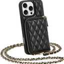 LAMEEKU Compatible with iPhone 16 Pro Max Wallet Case with Card Holder, Quilted Leather Crossbody Zipper Case for Women for iPhone 16 Pro Max 6.9'' Black