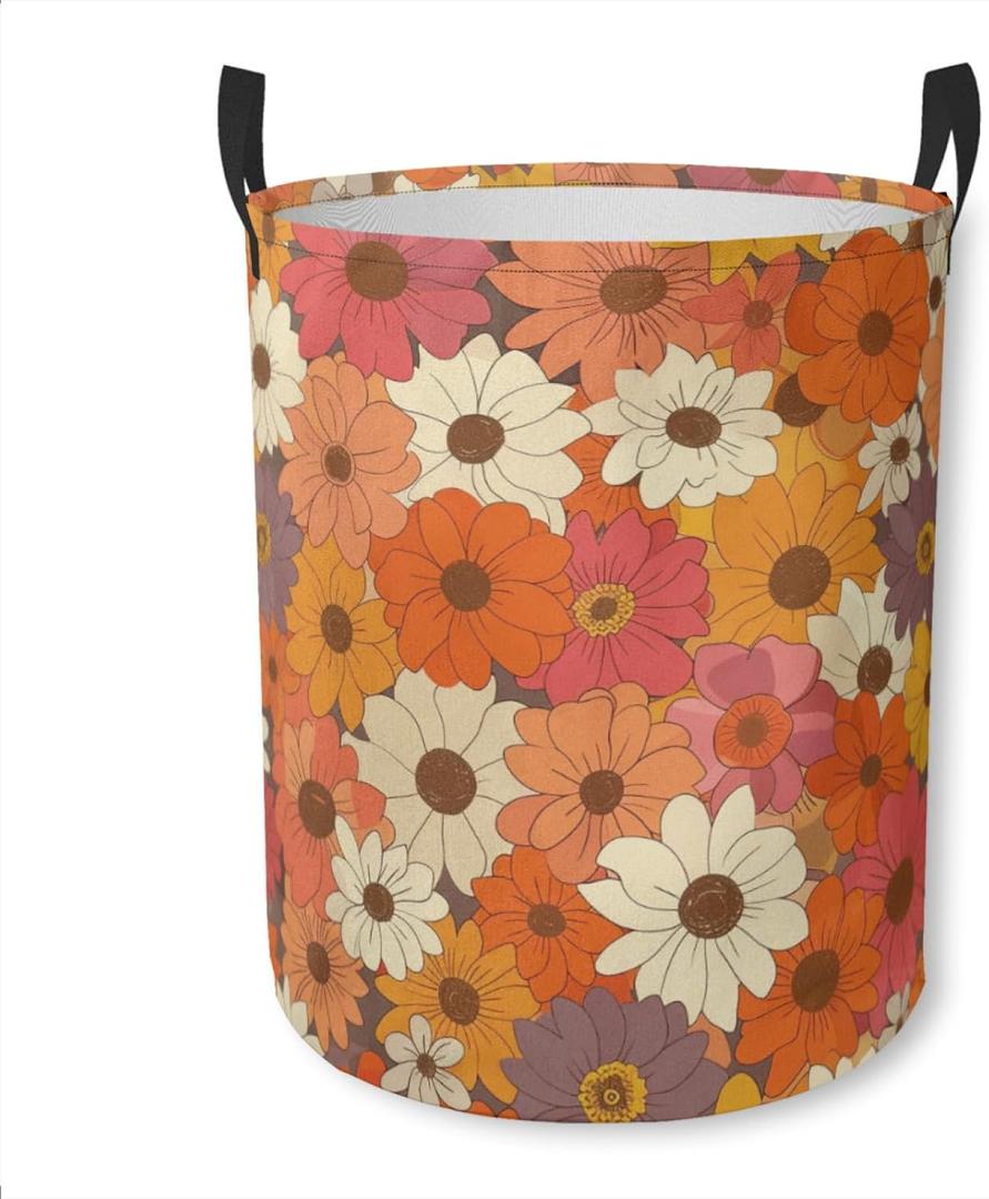 Laundry Basket Boho 60s 70s Retro Floral Collapsible Laundry Hamper with Handles Clothes Storage Bin for Household Bedroom Bathroom College Dorms