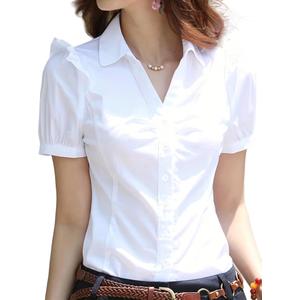 SUNNOW Women's V-Neck Button Down Blouse White Short Sleeve Shirt for Professional & Casual Summer Attire (White, XL)