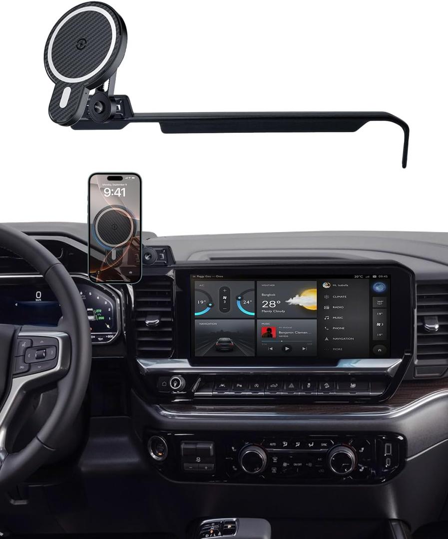 PZK Car Phone Holder for Chevy Silverado 1500/GMC Sierra 1500 2022 2023 2024 2025 2026 Accessories 13.4-Inch Screen Magnetic 15W Fast Wireless Charger Car Phone Mount with 360 Rotating Extension Rod