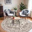 Washable Oriental Area Rug - 9ft Round Rugs for Living Room Soft Carpet for Bedroom Waterproof Floral Distressed Indoor Stain Resistant Non-Shedding Floor Carpets (Beige, 9ft-Round)