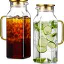 2 Pack 2 Liters/68 oz Square Glass Pitcher with Lid and Handle for Fridge, Iced Tea and Coffee Carafe Beverage Serveware, Heat Resistant Borosilicate Water Gold Jug for Hot/Cold Drinks and Milk